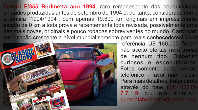 Ferrari F/355 Berlineta 1994 à venda na Revista Classic Show!